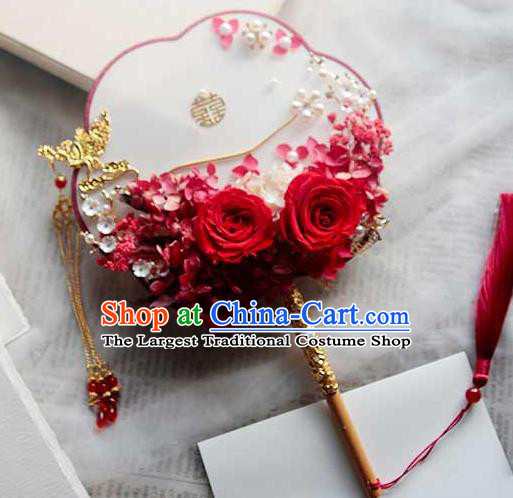 China Handmade Wedding Red Rose Palace Fan Traditional Bride Golden Phoenix Fan Classical Dance Fan