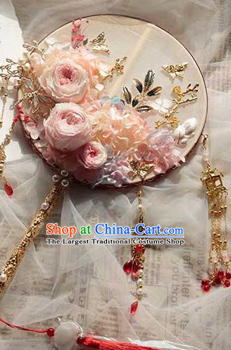 China Handmade Wedding Tassel Palace Fan Traditional Bride Pink Rose Silk Fan Classical Dance Circular Fan