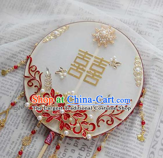 China Classical Dance Enamel Red Flower Circular Fan Handmade Wedding Palace Fan Traditional Bride Fan