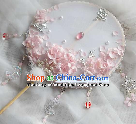 China Traditional Bride White Silk Fan Classical Dance Circular Fan Handmade Wedding Pink Hydrangea Palace Fan