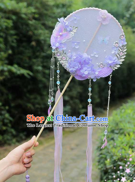 China Traditional Bride Lilac Silk Fan Classical Dance Circular Fan Handmade Wedding Purple Flowers Butterfly Palace Fan