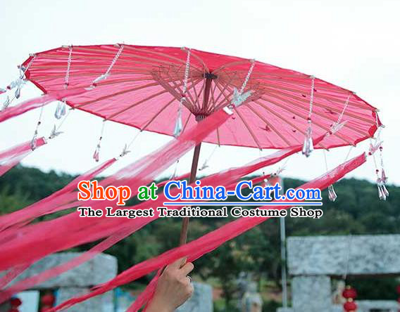 China Handmade Red Silk Umbrella Traditional Ribbon Tassel Umbrella