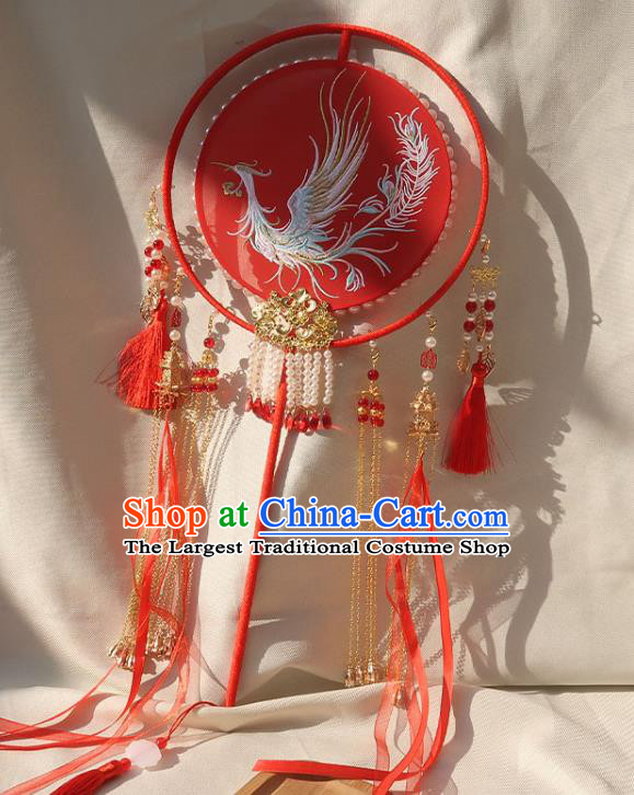 China Traditional Bride Embroidered Phoenix Silk Fan Classical Dance Circular Fan Handmade Wedding Beads Tassel Palace Fan