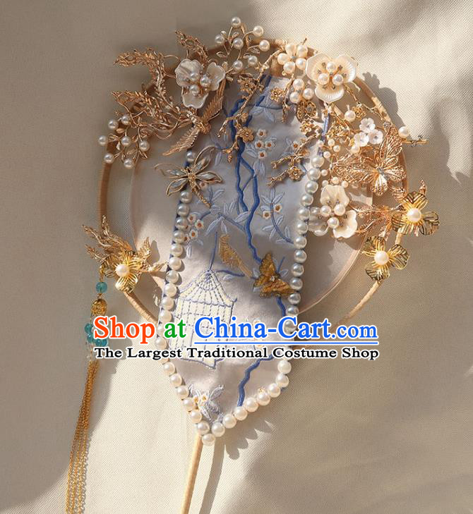 China Traditional Bride Golden Plum Fan Classical Dance Circular Fan Handmade Wedding Embroidered Palace Fan