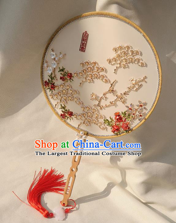 China Handmade Wedding White Palace Fan Classical Dance Circular Fan Traditional Bride Plum Blossom Silk Fan