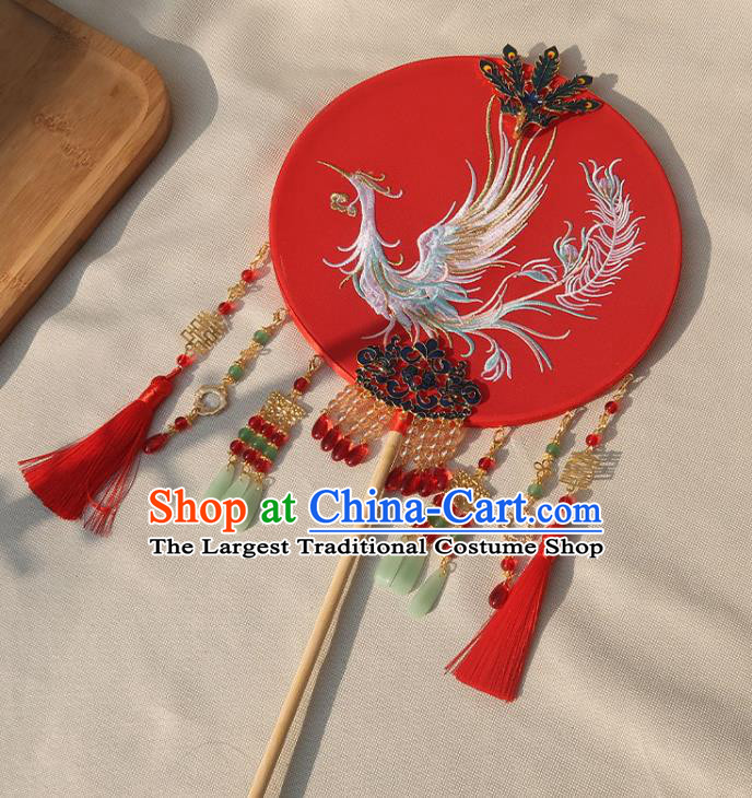 China Handmade Wedding Red Tassel Palace Fan Traditional Bride Embroidered Phoenix Circular Fan Classical Dance Silk Fan