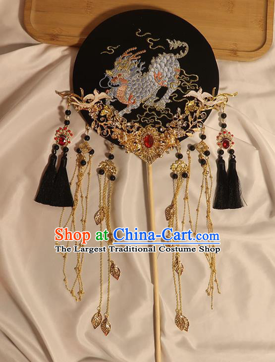 China Handmade Bride Palace Fan Traditional Wedding Black Fan Classical Dance Embroidered Kylin Circular Fan