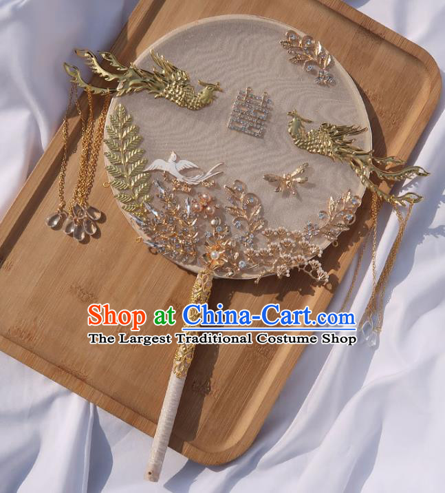 China Classical Dance Golden Phoenix Fan Handmade Bride Palace Fan Traditional Wedding White Silk Circular Fan