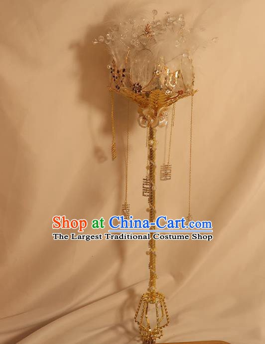 Handmade Queen Golden Sceptre Top Grade Wedding Bridal Bouquet Bride White Feather Cane