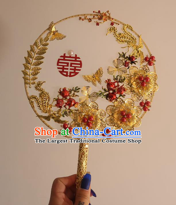 China Classical Dance White Silk Fan Handmade Bride Palace Fan Traditional Wedding Golden Peony Circular Fan