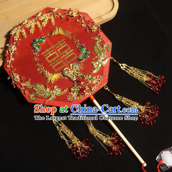 China Handmade Bride Red Beads Tassel Palace Fan Traditional Wedding Silk Fan Classical Dance Octagon Fan