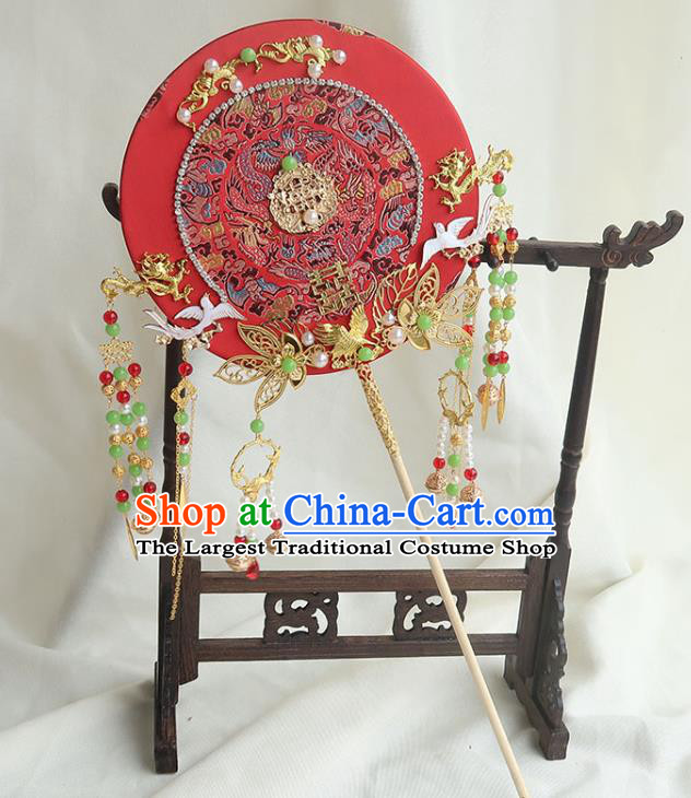 China Bride Beads Tassel Palace Fan Traditional Wedding Embroidered Red Circular Fan Handmade Hanfu Fan