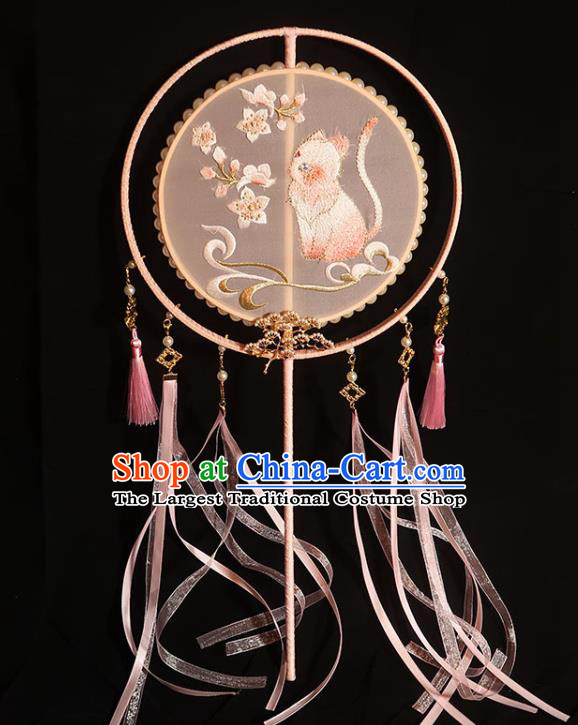 China Traditional Wedding Pink Silk Fan Classical Dance Embroidered Cat Circular Fan Handmade Bride Ribbon Tassel Palace Fan