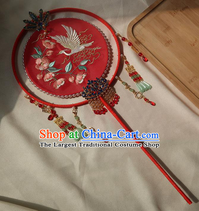 China Handmade Hanfu Embroidered Crane Flowers Silk Fan Traditional Wedding Palace Fan Ancient Princess Red Circular Fan