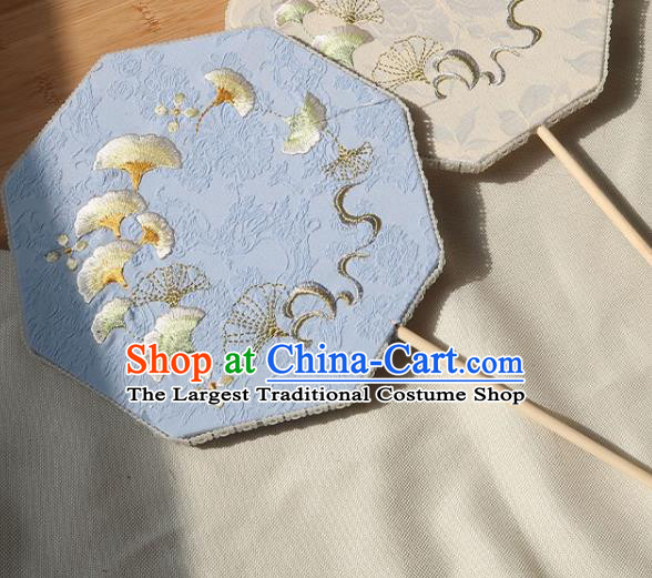 China Traditional Fan Ancient Princess Octagon Fan Handmade Hanfu Blue Silk Fan Wedding Embroidered Ginkgo Palace