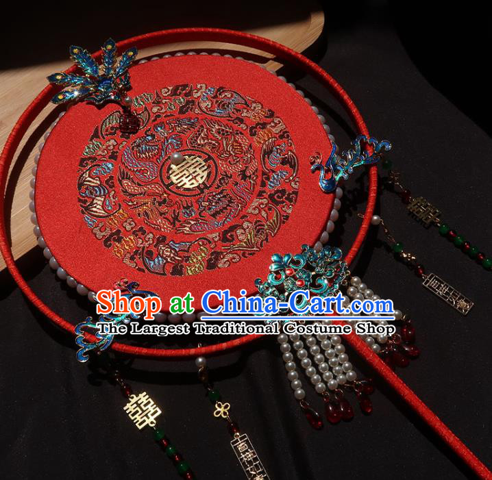 China Traditional Wedding Blueing Phoenix Palace Fan Handmade Hanfu Embroidered Fan Ancient Princess Red Circular Fan