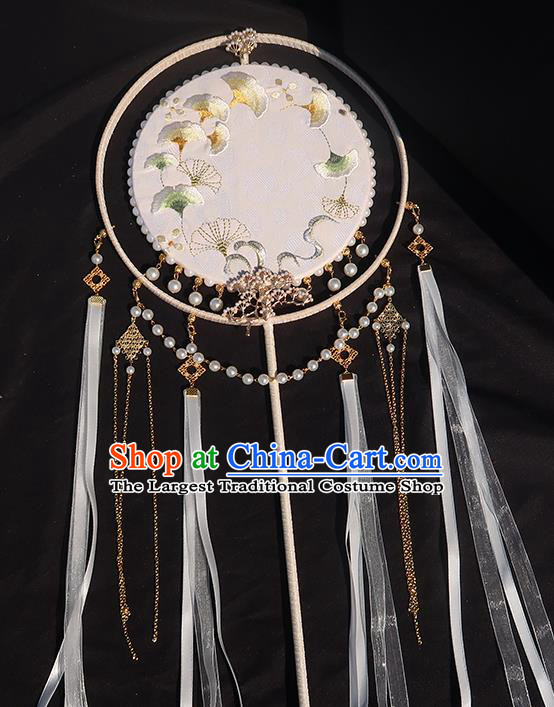 China Handmade Embroidered Ginkgo Palace Fan Classical Hanfu Fan Traditional Wedding White Silk Ribbon Fan