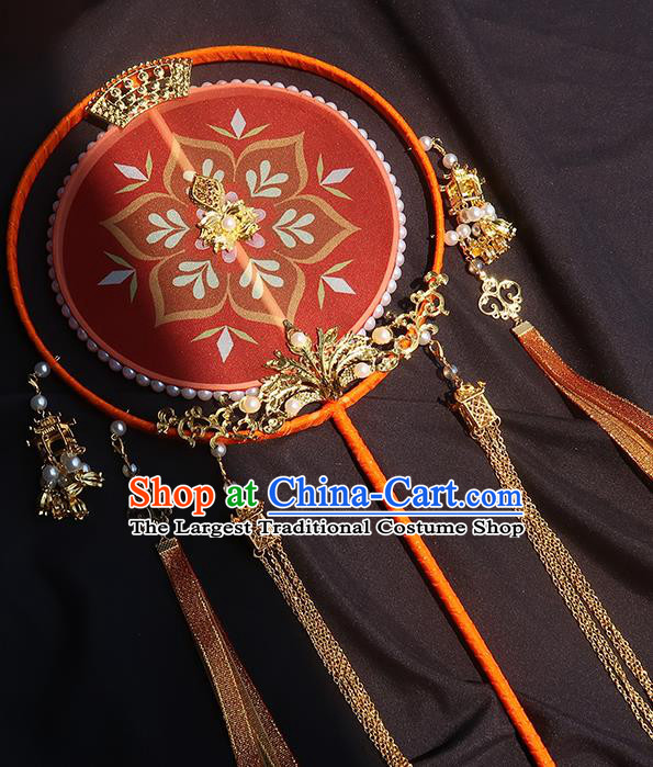 China Traditional Wedding Red Silk Fan Classical Hanfu Tassel Fan Handmade Palace Fan