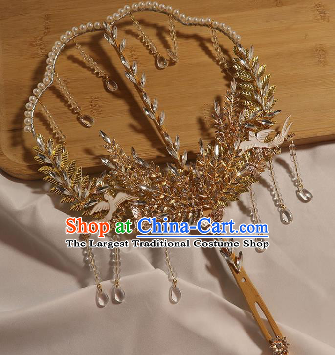 China Classical Dance Crystal Fan Handmade Bride Palace Fan Traditional Wedding Prop Beads Tassel Fan