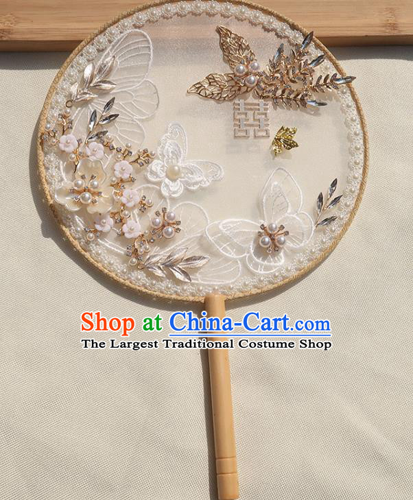 China Traditional Wedding Pearls Fan Classical Dance Silk Fan Handmade Bride Lace Butterfly Palace Fan