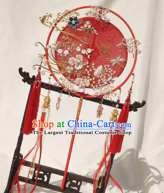 China Handmade Hanfu Red Ribbon Tassel Fan Bride Palace Fan Traditional Wedding Silk Circular Fan