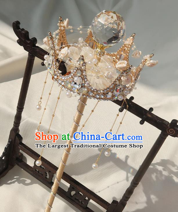 Handmade Baroque Queen Golden Sceptre Top Grade Wedding Bridal Bouquet Bride Crystal Royal Crown Cane