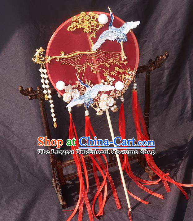 China Bride Red Ribbon Palace Fan Traditional Wedding Circular Fan Handmade Hanfu Bride Fan