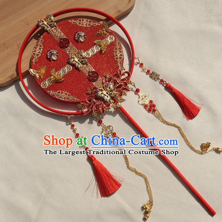 China Classical Dance Cloisonne Butterfly Fan Handmade Bride Red Palace Fan Traditional Wedding Tassel Circular Fan