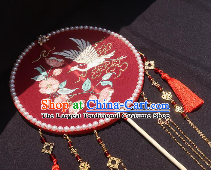 China Traditional Hanfu Embroidered Circular Fan Classical Wedding Fan Handmade Golden Tassel Palace Fan