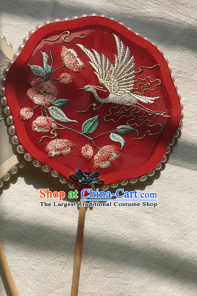 China Classical Wedding Red Silk Fan Handmade Embroidered Peach Blossom Crane Palace Fan Traditional Hanfu Fan