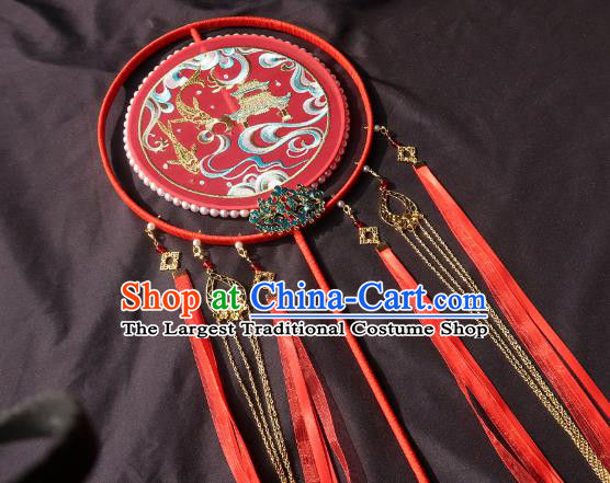 China Classical Wedding Bride Circular Fan Traditional Embroidered Red Silk Hanfu Fan Handmade Palace Fan