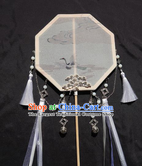 China Handmade Ink Painting Crane Palace Fan Classical Wedding Bride Fan Traditional Hanfu Silk Octagon Fan