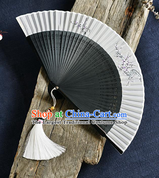 Handmade Chinese Painting Plum Blossom Folding Fan Accordion Fan Black Bamboo Fans