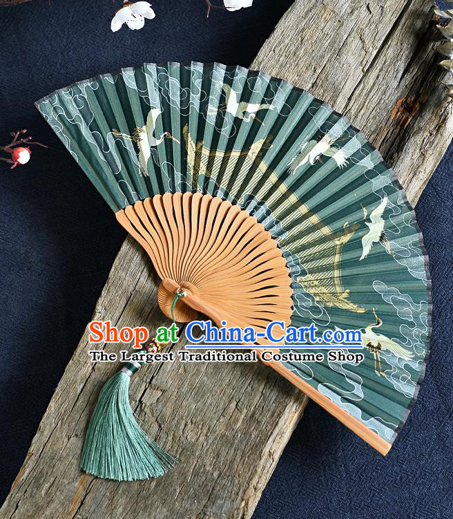 Handmade Chinese Printing Cranes Folding Fan Accordion Fan Green Silk Fans