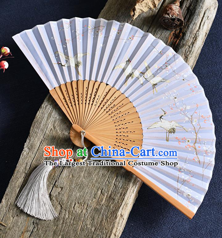 Handmade Chinese Printing Plum Cranes Folding Fan Bamboo Accordion Fan Lilac Silk Fans