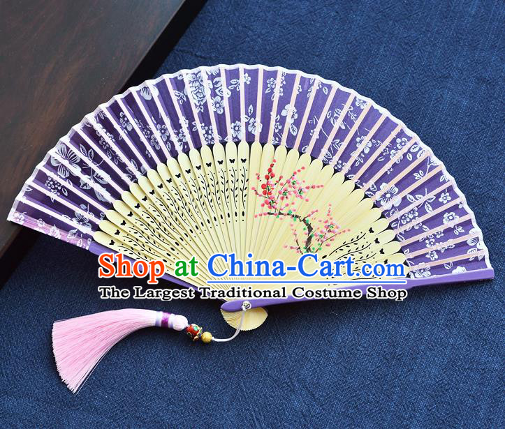 Handmade Chinese Purple Silk Fans Printing Plum Blossom Folding Fan Bamboo Accordion Fan