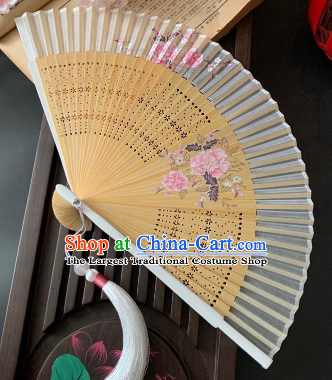 Chinese Handmade Printing Peony Folding Fan Bamboo Fan Classical Dance Accordion