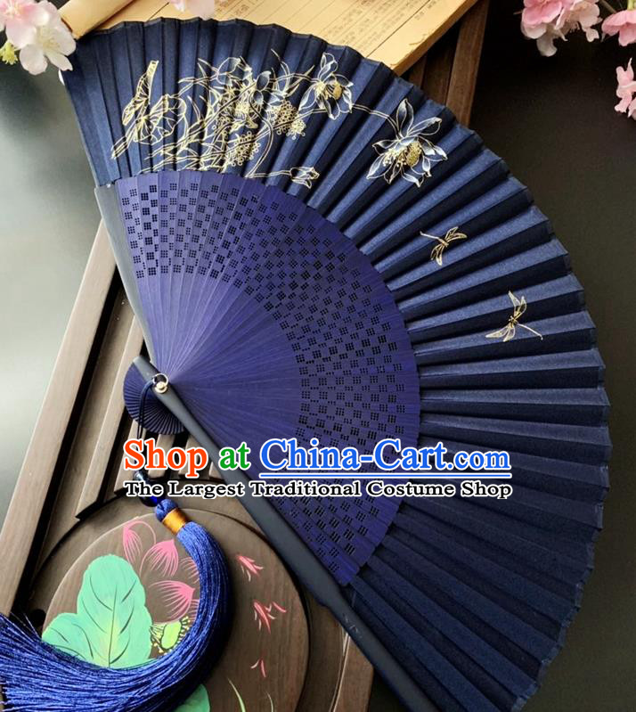 Chinese Printing Dragonfly Lotus Folding Fan Handmade Bamboo Fan Classical Dance Royalblue Silk Accordion