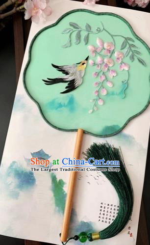 China Handmade Light Green Silk Fan Ancient Princess Palace Fan Traditional Classical Embroidered Wisteria Fan
