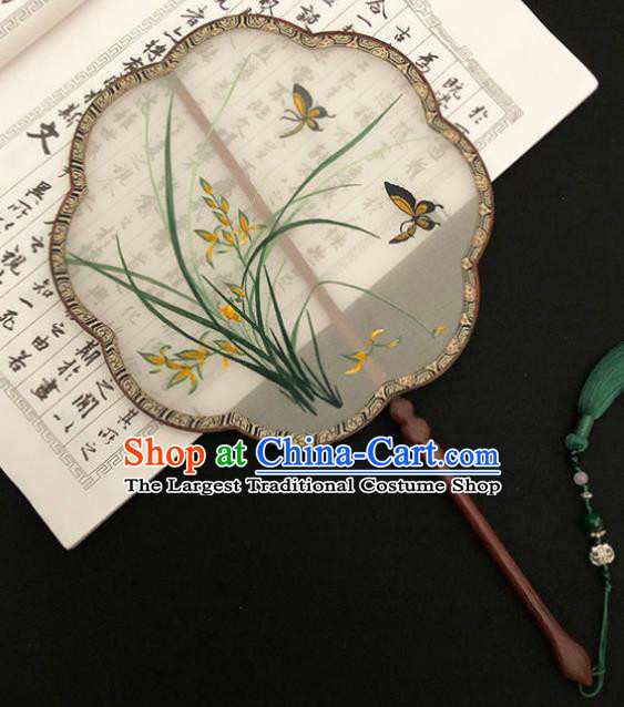 China Classical Dance Silk Fans Handmade Palace Fan Traditional Hanfu Fan Embroidered Orchids Butterfly Fan