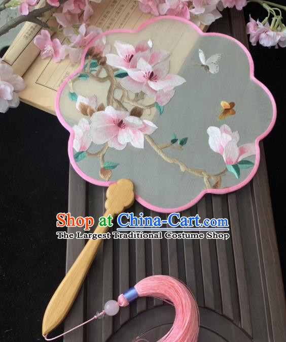 China Handmade Palace Fan Traditional Hanfu Silk Fan Dance Fans Classical Embroidered Mangnolia Fan