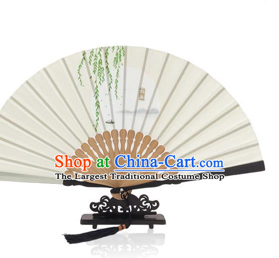 Handmade the Limit of Heat Accordion White Silk Fan Chinese Printing Twenty Four Solar Terms Folding Fan