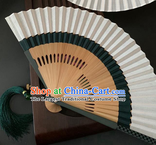 Chinese Classical Flax Folding Fan Handmade Dance Accordion Atrovirens Bamboo Fan