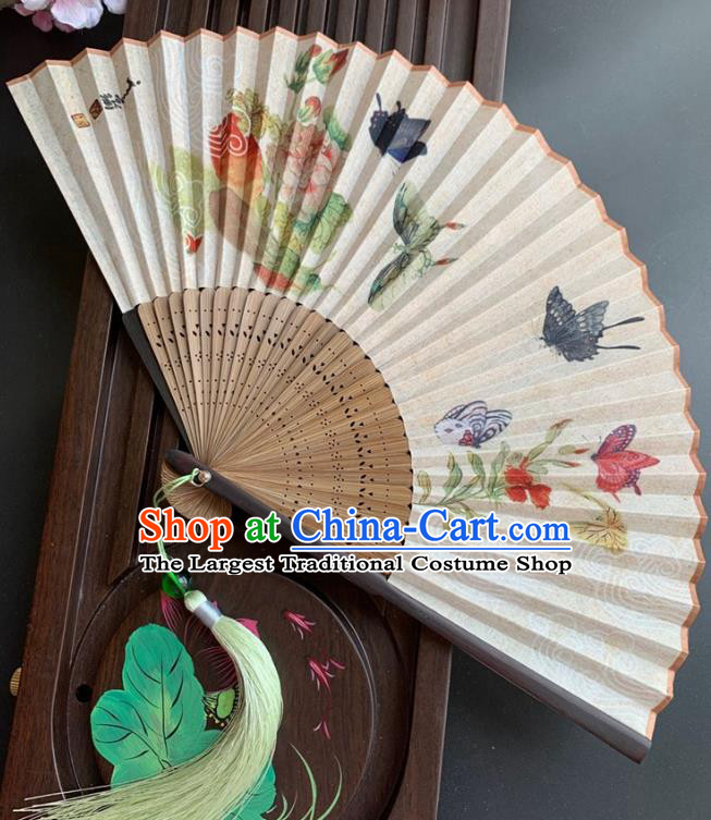 Chinese Handmade Bamboo Fan Classical Silk Accordion Printing Peony Butterfly Folding Fan