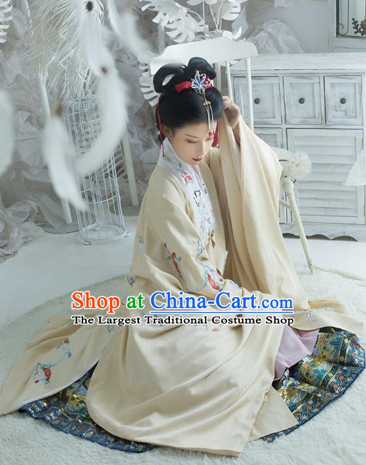 Traditional China Ming Dynasty Noble Lady Historical Clothing Ancient Patrician Beauty Hanfu Apricot Embroidered Cloak