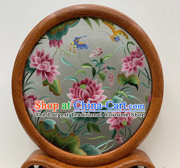 Chinese Traditional Embroidery Lotus Desk Decoration Handmade Palisander Craft Suzhou Embroidered Table Screen
