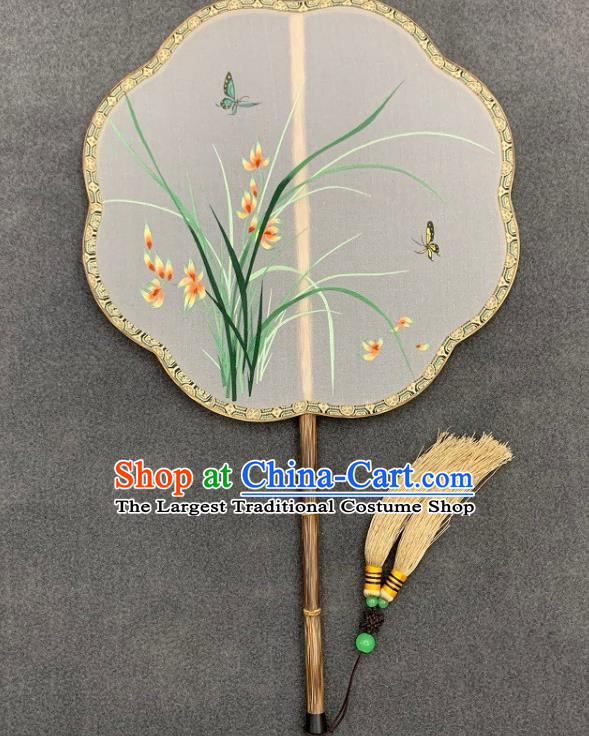 China Traditional Embroidery Orchids Silk Fan Classical Hanfu Bamboo Fan Handmade Embroidered Palace Fan