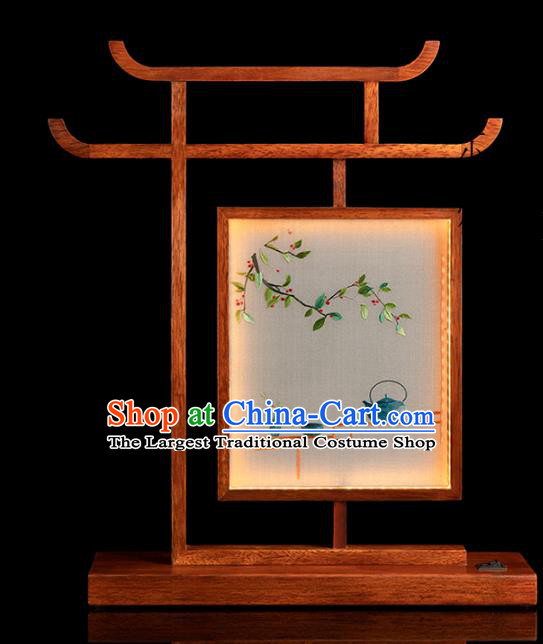 Chinese Traditional Hunan Embroidery Table Screen Handmade Merbau Desk Lamp