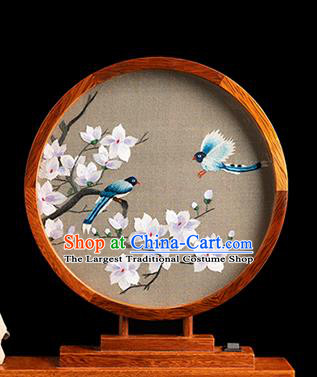 Chinese Handmade Merbau Circular Desk Lamp Traditional Hunan Embroidery Mangnolia Table Screen