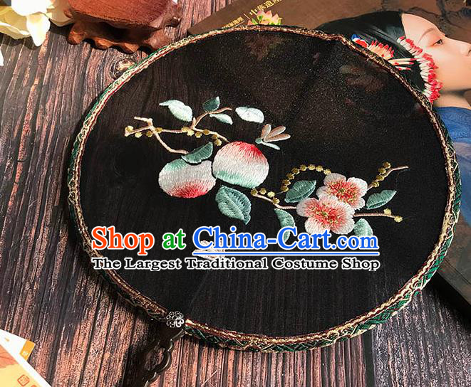 China Handmade Palace Fan Wedding Black Silk Fan Traditional Hanfu Embroidered Peach Flowers Circular Fan